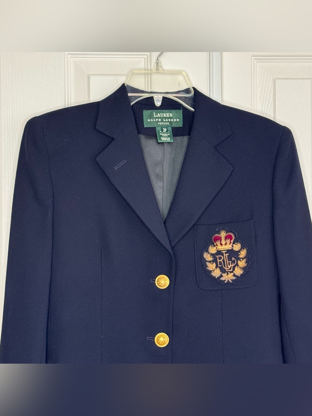 Vintage 90’s Lauren Ralph Lauren Navy 3D Crown Crest Wool Blazer Jacket Size 2P - Picture 3 of 13